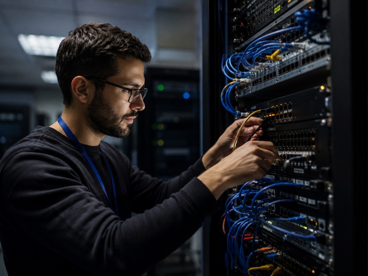 E-Rate Category One vs Category Two — Realistic school network scene showing IT staff reviewing switches, cabling, Wi-Fi access points, and broadband connectivity.