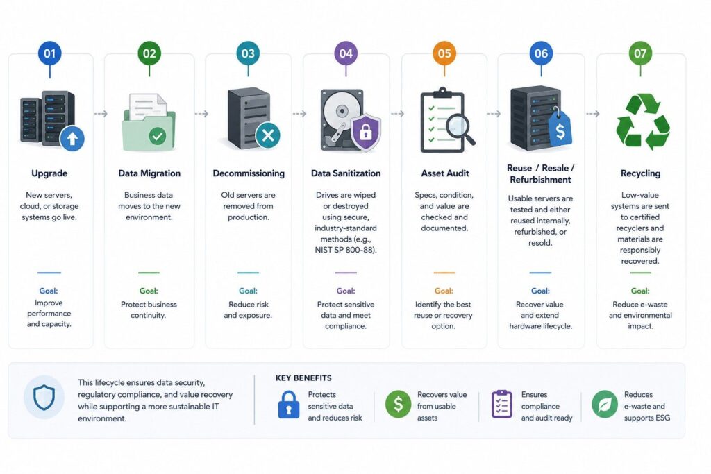 even-step infographic showing what happens to old enterprise servers after an upgrade: upgrade, data migration, decommissioning, data sanitization, asset audit, reuse or resale, and recycling.