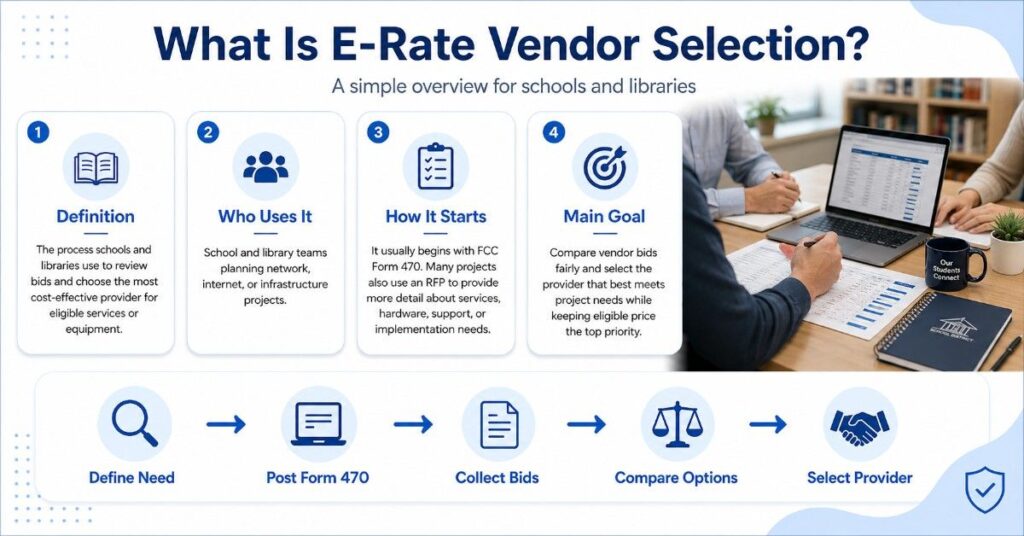 Blue and white infographic explaining E-Rate vendor selection, Form 470, RFP use, and key bid comparison factors for schools and libraries.