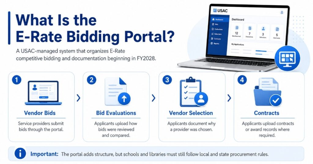 Clean blue-and-white infographic explaining the E-Rate Bidding Portal as a USAC-managed system for vendor bids, bid evaluations, vendor selection records, and contract documentation.