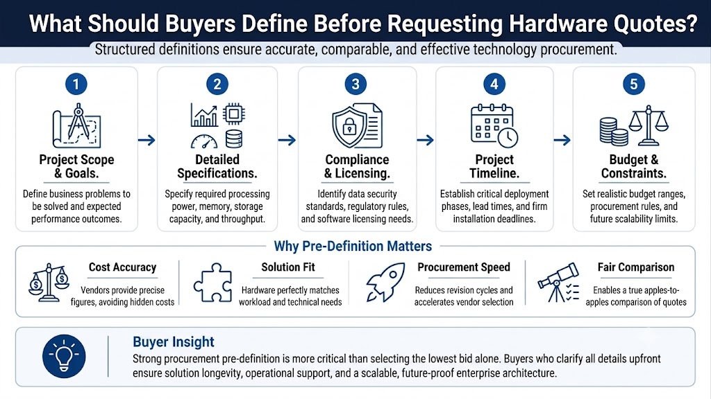 A professional procurement infographic titled "What Should Buyers Define Before Requesting Hardware Quotes?" subtitled, "Structured definitions ensure accurate, comparable, and effective technology procurement."