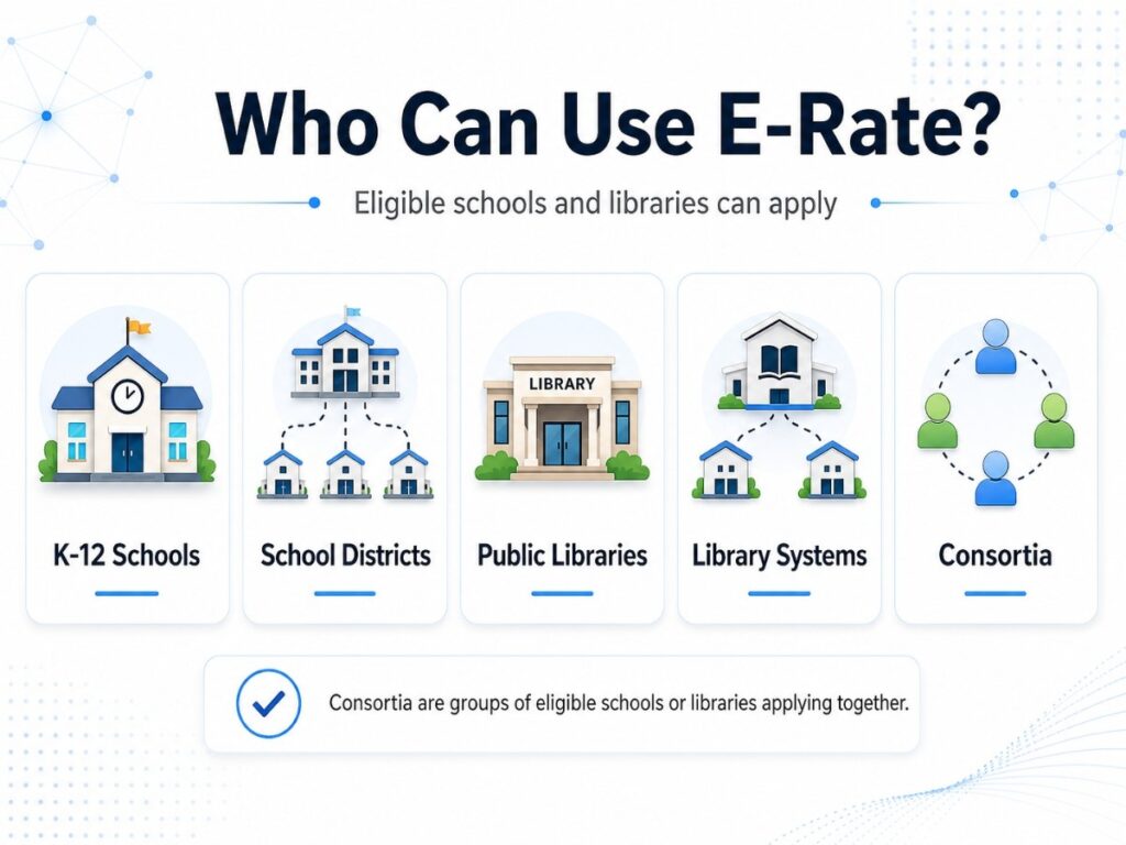 Who Can Use E-Rate: Eligible K-12 schools, districts, public libraries, library systems, and consortia.