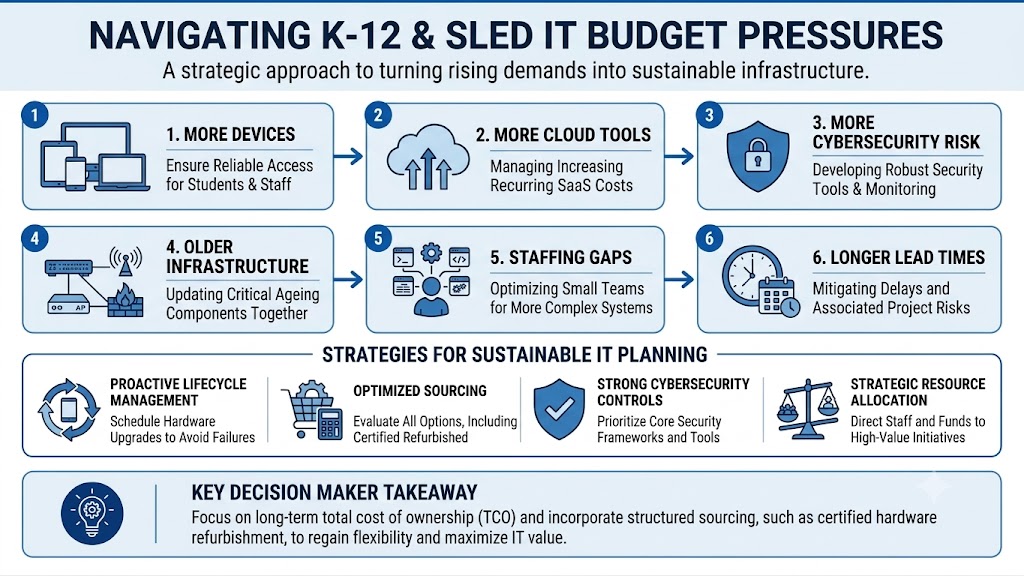 An infographic titled "Navigating K-12 & SLED IT Budget Pressures" designed in a clean white and blue corporate style. The subtitle reads, "A strategic approach to turning rising demands into sustainable infrastructure."
The top section displays a numbered 6-step horizontal sequence tracking budget pressures: