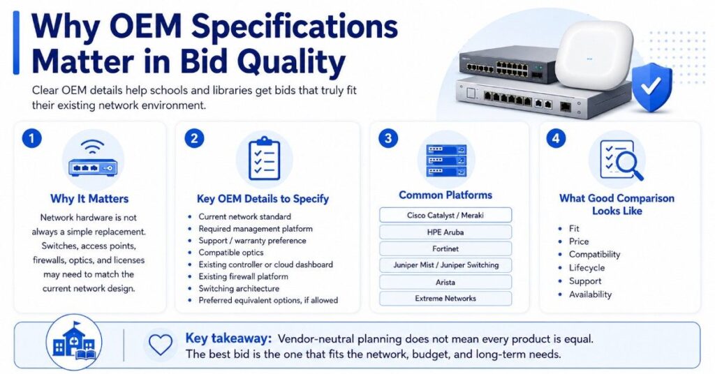 Organized infographic explaining that OEM details help schools and libraries compare bids by fit, price, compatibility, lifecycle, support, and availability.
