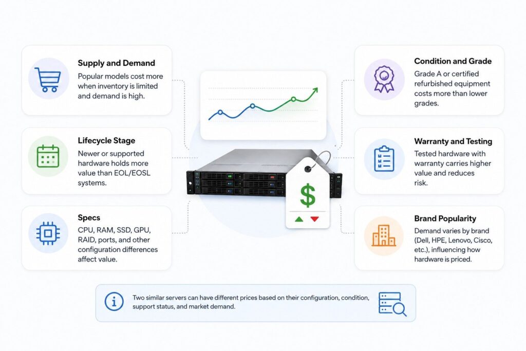 Infographic showing six factors that affect refurbished IT hardware pricing: supply and demand, lifecycle stage, specs, condition and grade, warranty and testing, and brand popularity. A server, price tag, and rising price chart appear in the center.