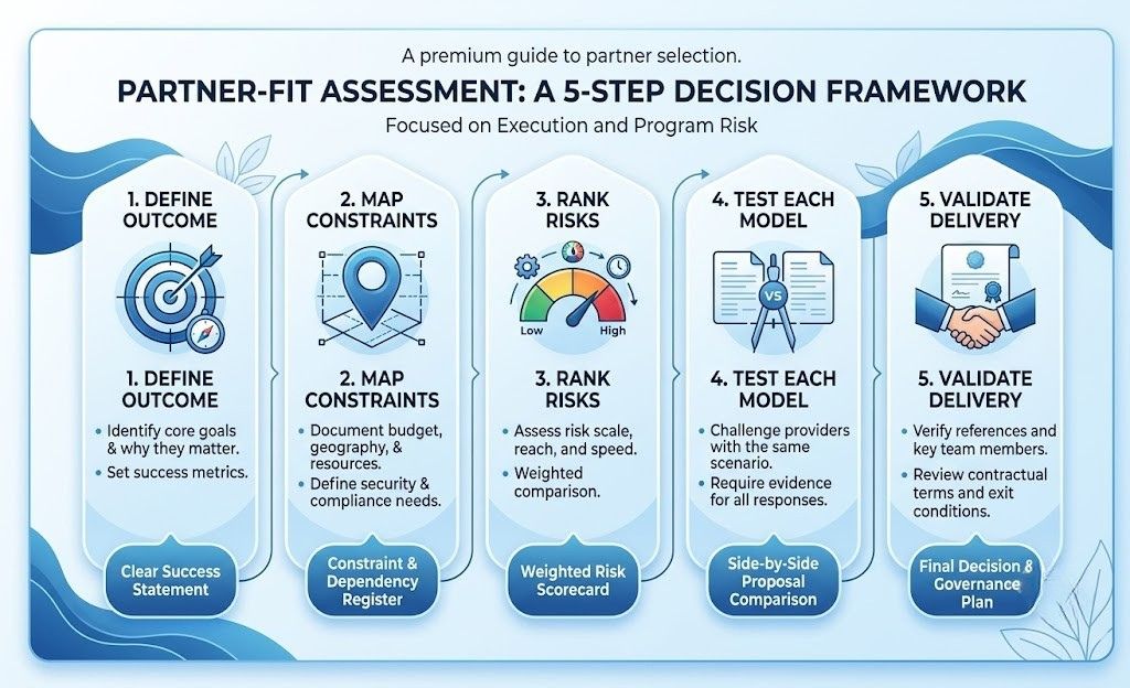 Five-step partner-fit assessment covering outcomes, constraints, risks, provider comparison, and delivery validation.