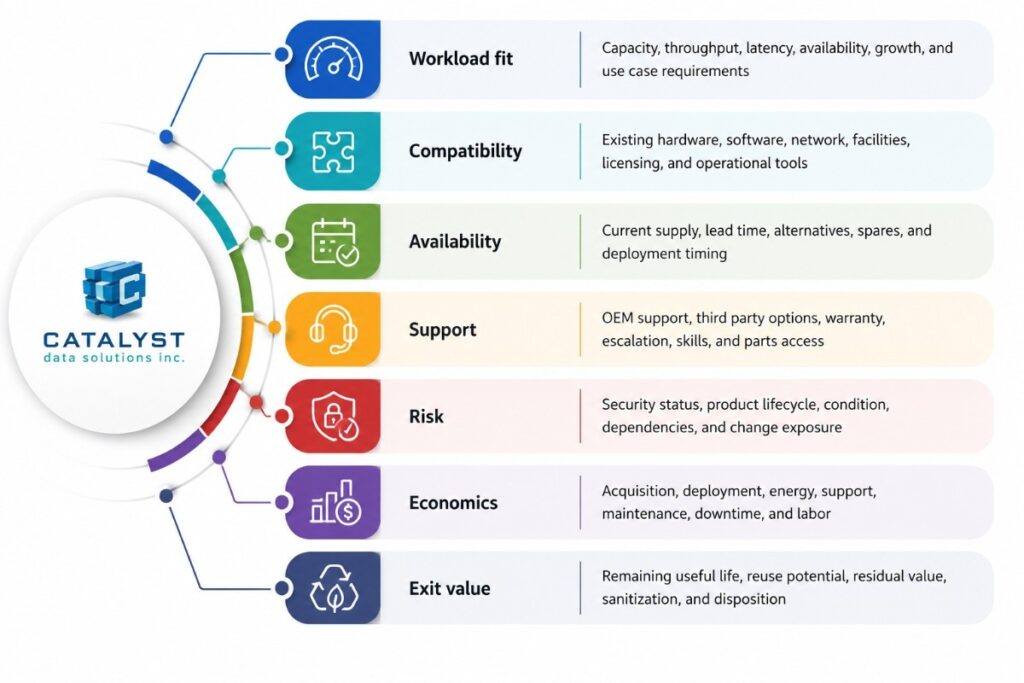 Catalyst infographic outlining seven shortlist evaluation factors: workload fit, compatibility, availability, support, risk, economics, and exit value.
