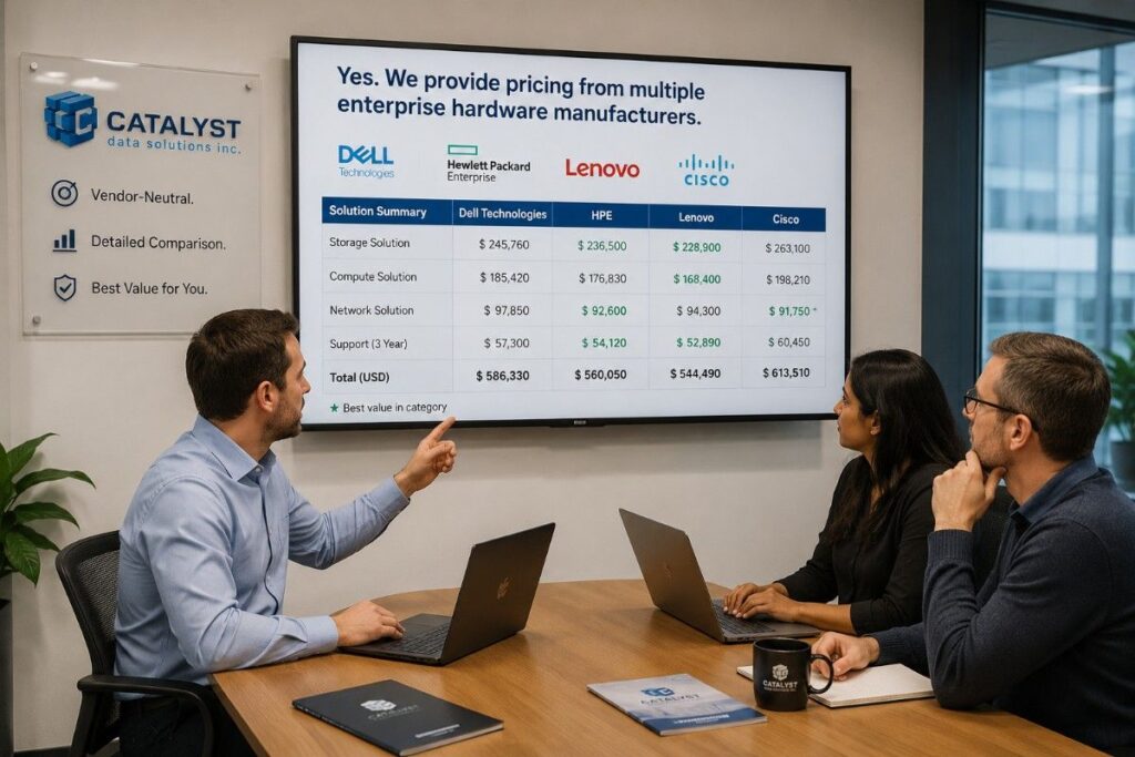 A realistic Catalyst meeting shows the team comparing multi-manufacturer hardware pricing, support, and total solution costs in a clear, professional setting. Should the team’s dress code be more formal?