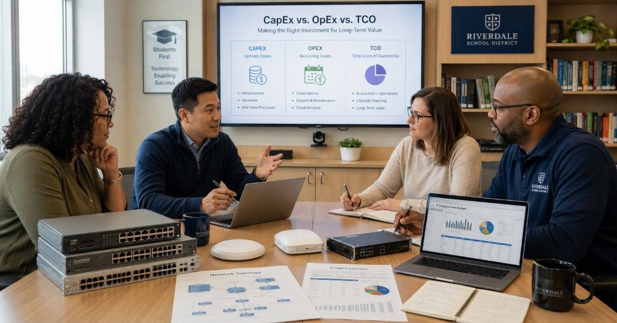 School IT and procurement leaders review infrastructure budgets, network diagrams, and hardware in a bright campus meeting room.