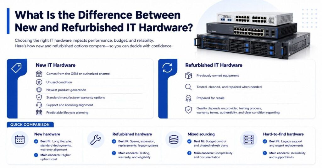 e infographic comparing new and refurbished IT hardware by warranty, support, lifecycle, and resale testing.