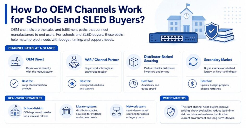Blue and white infographic showing OEM direct, channel partner, distributor, and secondary market paths for schools.