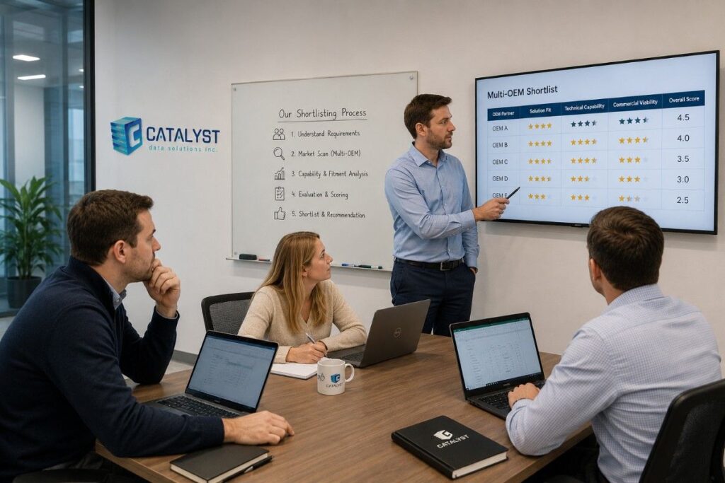 How Does Catalyst Build a Multi-OEM Shortlist? A realistic Catalyst IT team reviews and scores multiple OEMs in a modern meeting room
