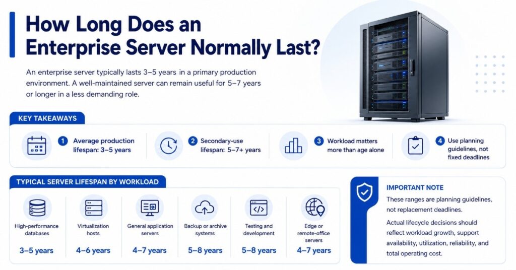 Infographic showing enterprise server lifespans: 3–5 years in production, longer in lighter roles, with workload-based ranges.