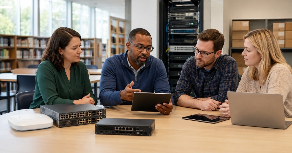 School IT and procurement teams review network hardware and OEM sourcing options in a modern library workspace.