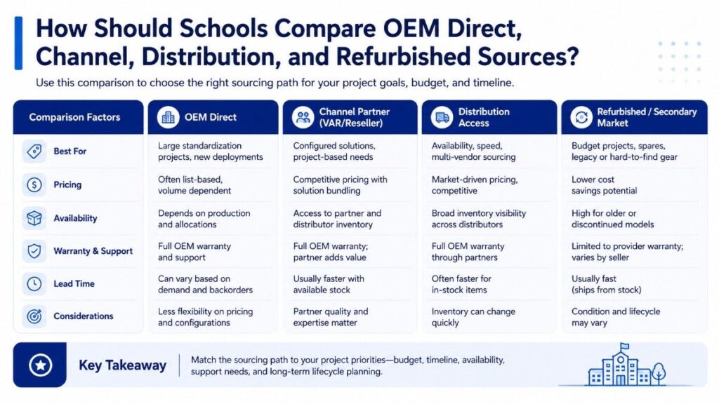 comparison infographic for schools evaluating OEM direct, channel, distribution, and refurbished IT sourcing.