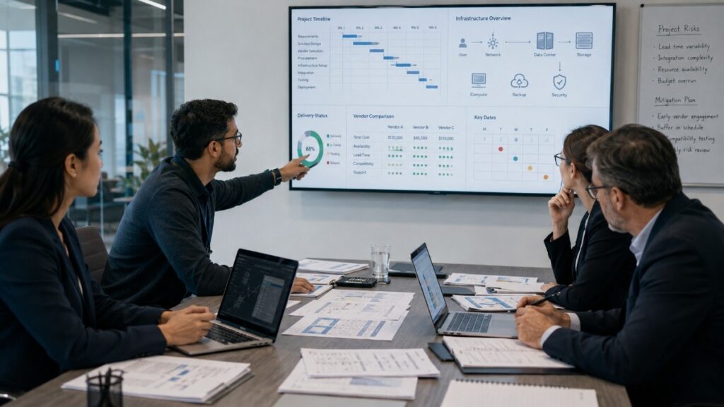IT and business stakeholders review a project timeline, vendor comparison, delivery status, and infrastructure risks during a sourcing and deployment planning meeting.