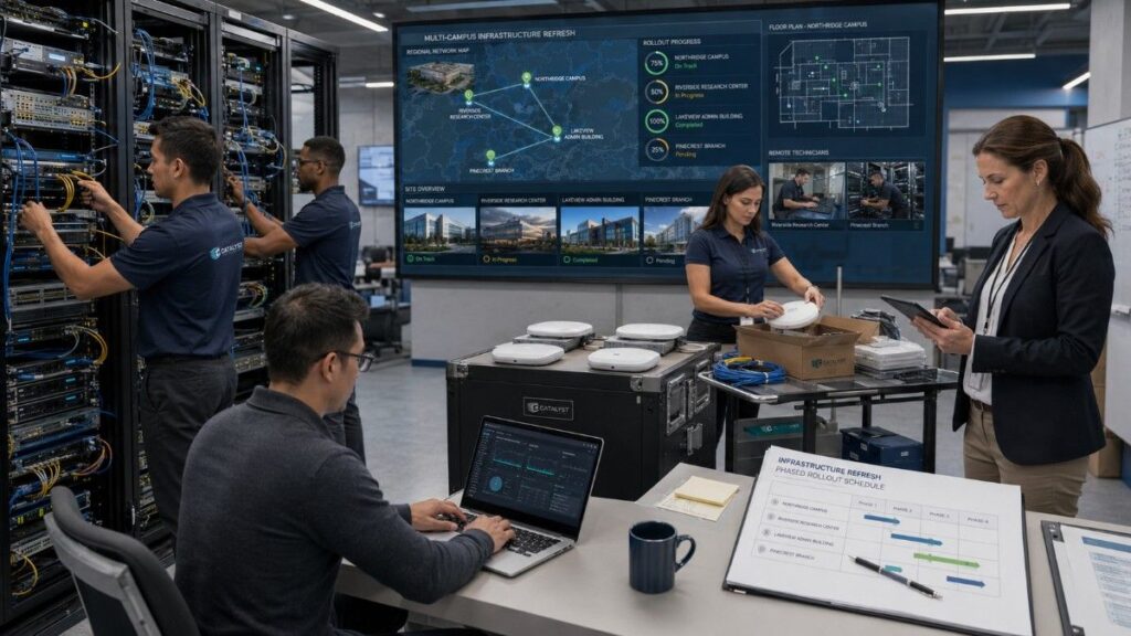 Inside a modern campus network operations and data-center environment, a diverse team of IT professionals is actively working. Two technicians install new network switches, servers, wireless controllers, and fiber connections in open equipment racks. A network engineer tests connectivity on a laptop while another technician organizes newly delivered access points, cables, and labeled equipment carts