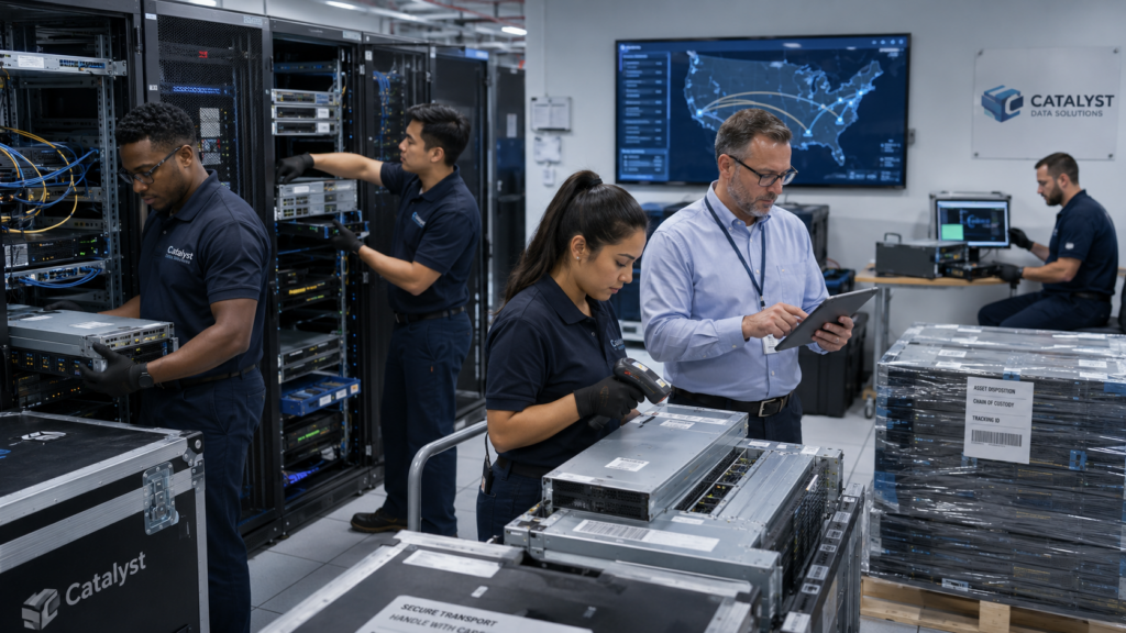 Inside a modern enterprise data center, a diverse team of IT professionals is actively working: two technicians carefully remove servers and network equipment from racks, another employee scans asset tags with a handheld barcode reader, and a project manager reviews inventory and chain-of-custody records on a tablet