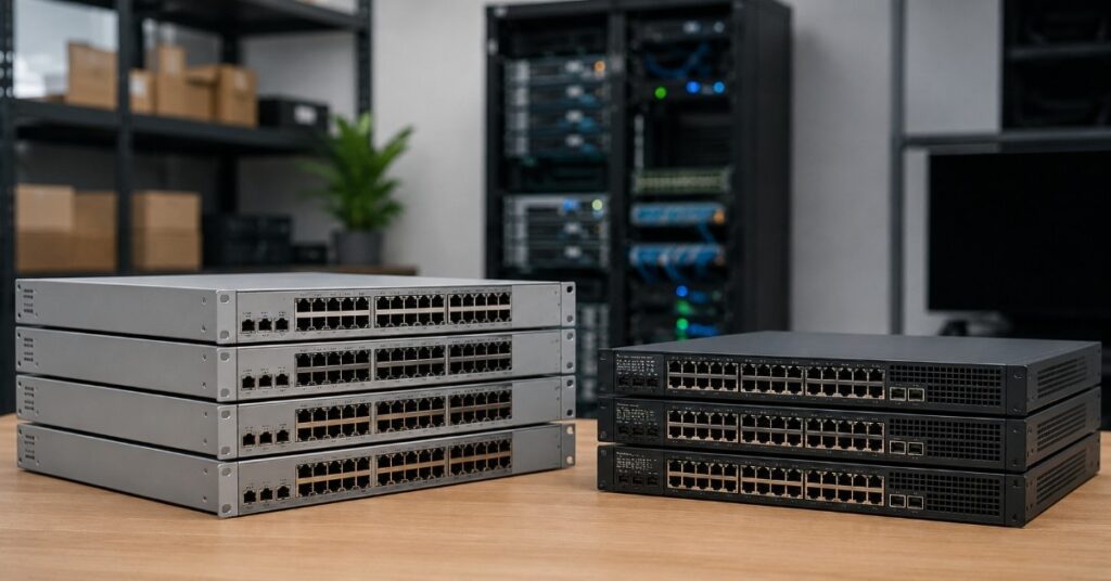 Realistic network switches and servers in a clean IT room for schools comparing new and refurbished hardware options.