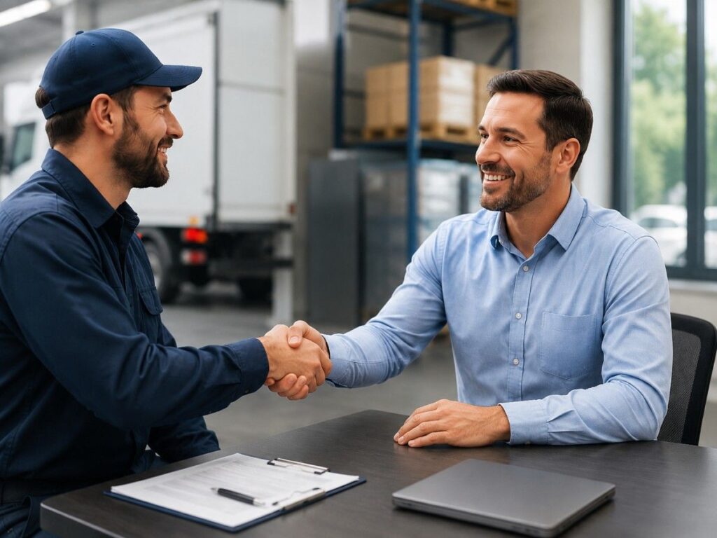 A delivery technician and IT manager shake hands at a desk after equipment delivery, with a truck and warehouse shelving in the background.
