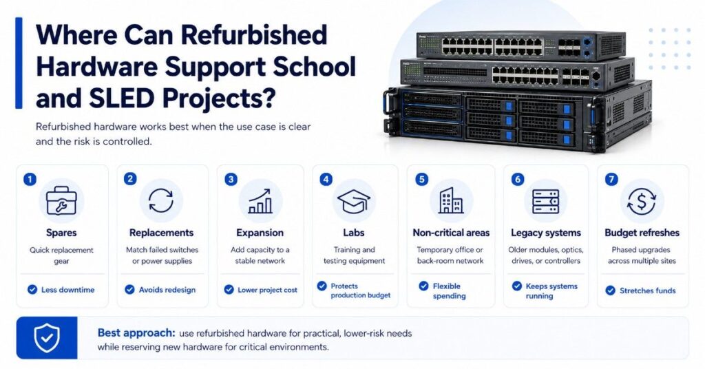 infographic showing refurbished hardware use cases for spares, replacements, labs, expansion, and legacy systems.