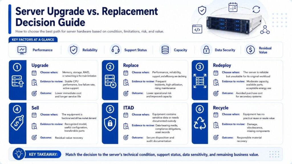 Server Upgrade vs. Replacement Decision Guide” in a blue-and-white corporate style. A server illustration appears at the top beside six key factors: performance, reliability, support status, capacity, data security, and residual value. Six decision cards explain when to upgrade, replace, redeploy, sell, use IT asset disposition (ITAD), or recycle a server, including evidence to review and expected outcomes. A footer takeaway advises matching the decision to the server’s technical condition, support status, data sensitivity, and remaining business value.