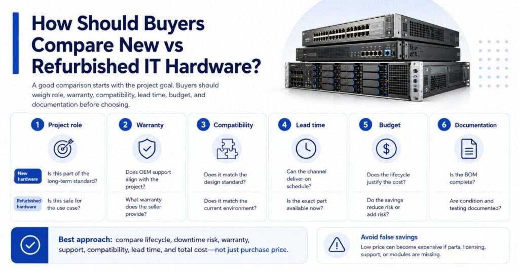 infographic listing buyer checks for new vs refurbished IT hardware: role, warranty, compatibility, cost, and docs.