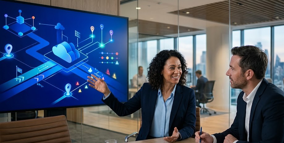 Infrastructure architect discusses a cloud migration roadmap with a business client.