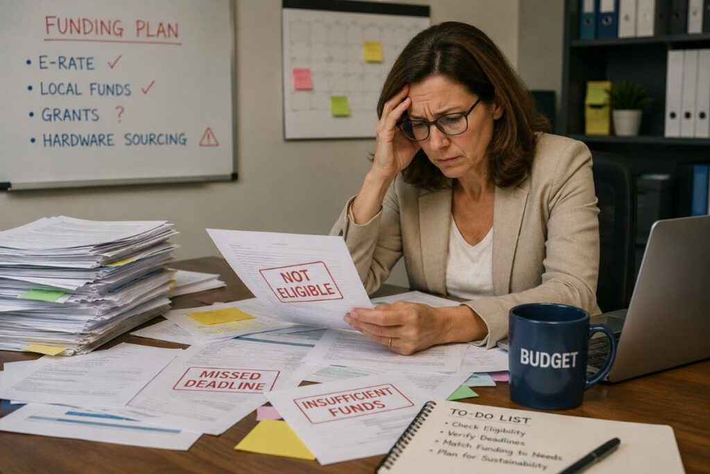 School administrator faces an ineligible funding request, missed deadlines, budget gaps, and unclear hardware sourcing during school IT upgrades.