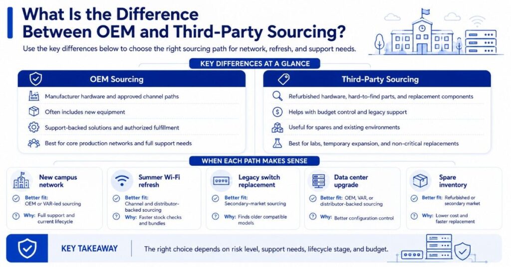 infographic comparing OEM sourcing with third-party sourcing for school network refresh and support needs.