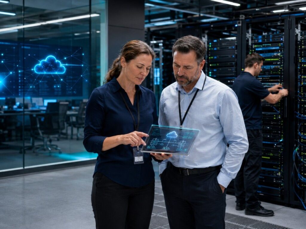 Two IT consultants review a cloud infrastructure plan on a tablet, while a technician configures server racks in a modern enterprise data center.