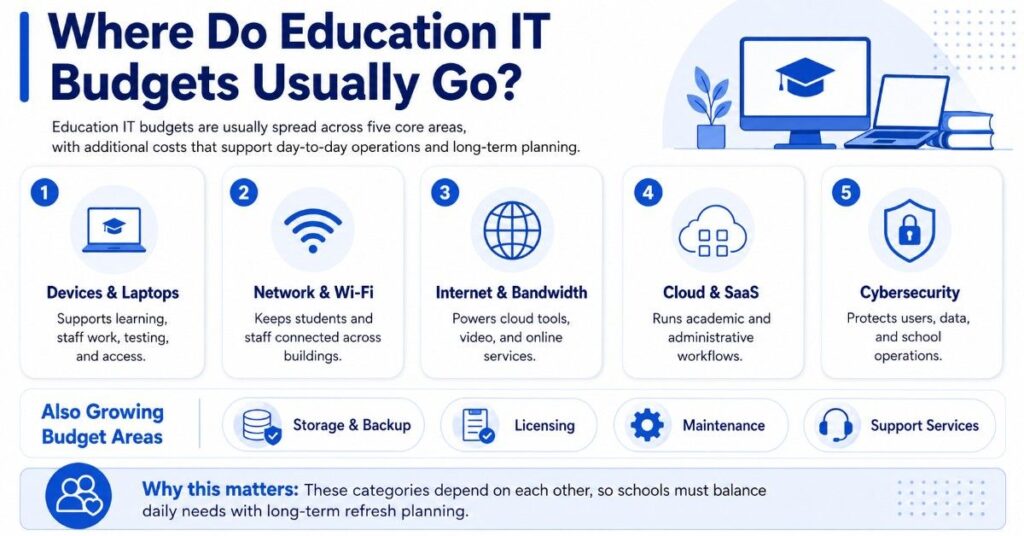 Blue-and-white infographic showing five major education IT budget areas: devices, Wi-Fi, internet, cloud, and cybersecurity.