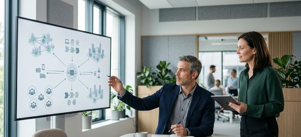 Two technology consultants review a global infrastructure network diagram in a modern office