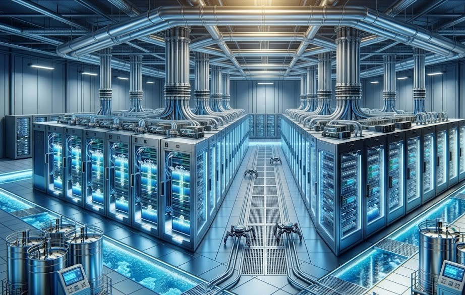 Futuristic liquid-cooled data center featuring two rows of glowing glass server racks, floor-level cyan water channels, and overhead industrial piping.
