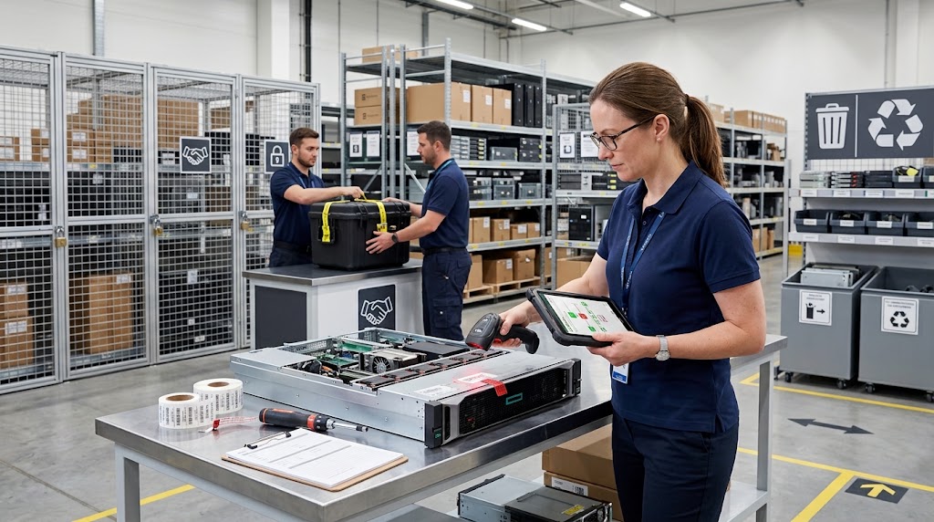An IT compliance specialist scanning a server's asset tag with a handheld barcode reader while holding a tablet in a secure corporate IT warehouse, with technicians and storage cages in the background.