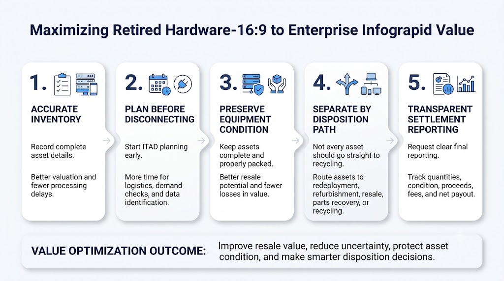 Five-step process for maximizing retired hardware value.