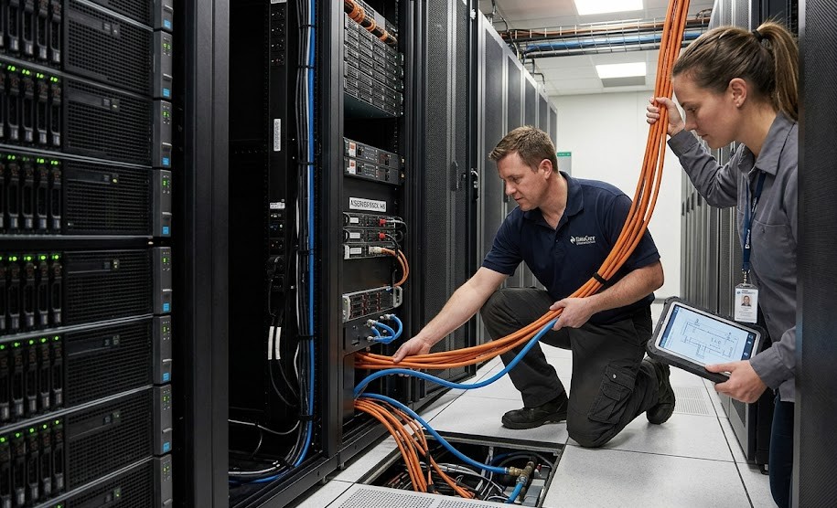 Two technicians retrofitting a data center server rack with high-density fiber cables and liquid cooling tubing.