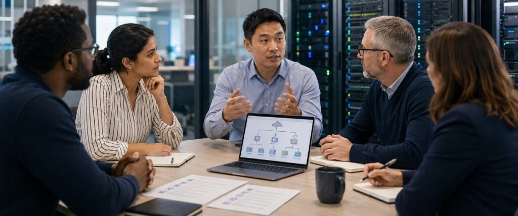 IT leaders discussing infrastructure requirements and evaluating a potential technology partner.