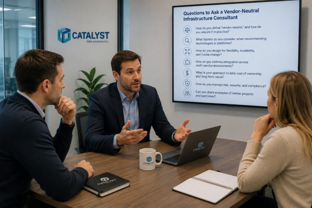 A vendor-neutral infrastructure consultant presents key evaluation questions on a large screen while a business team listens, takes notes, and engages in discussion during a professional conference-room meeting.
