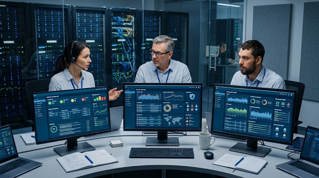 Three IT professionals reviewing software, security, and operations dashboards in a modern data center control room.