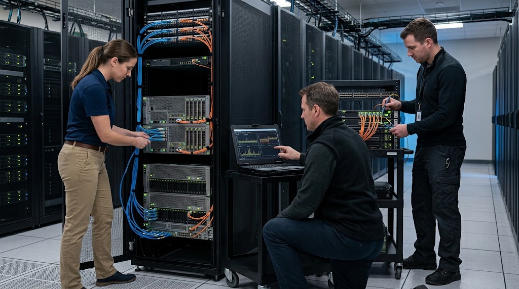 Three IT professionals collaborating at a modern workstation, reviewing security, software, and infrastructure monitoring dashboards in a data center control room.
