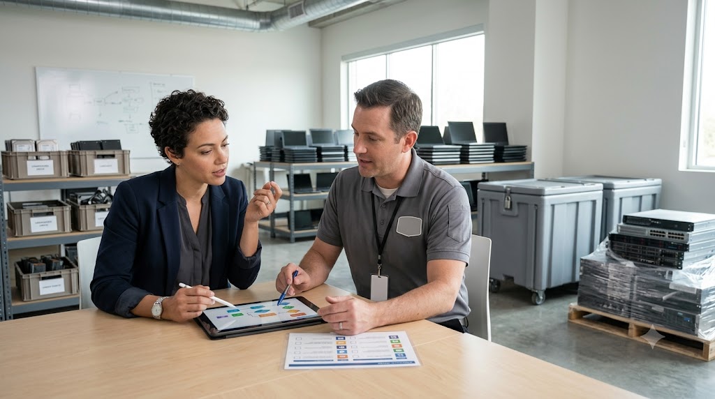 IT buyer discussing security, compliance, and asset recovery with an ITAD provider.