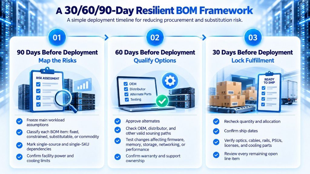 A 30/60/90-Day Resilient BOM Framework” with three stages: 90 days before deployment, map risks by identifying BOM constraints and dependencies; 60 days before deployment, qualify sourcing alternatives and test substitutions; and 30 days before deployment, lock fulfillment by confirming quantities, ship dates, supporting components, and remaining open items.