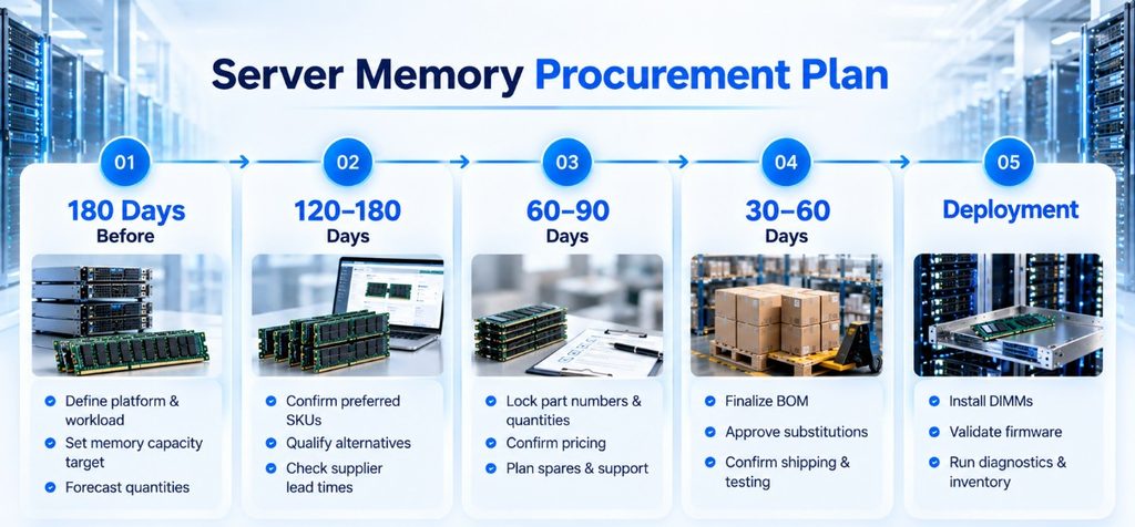 Server memory procurement timeline showing planning steps from 180 days before deployment through deployment, including capacity forecasting, SKU selection, pricing, BOM approval, shipping, installation, and validatio
