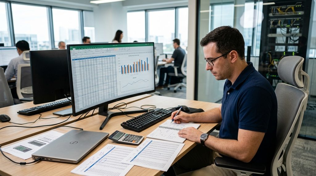 IT engineer reviewing a cost-per-token worksheet and charts at an office workstation.