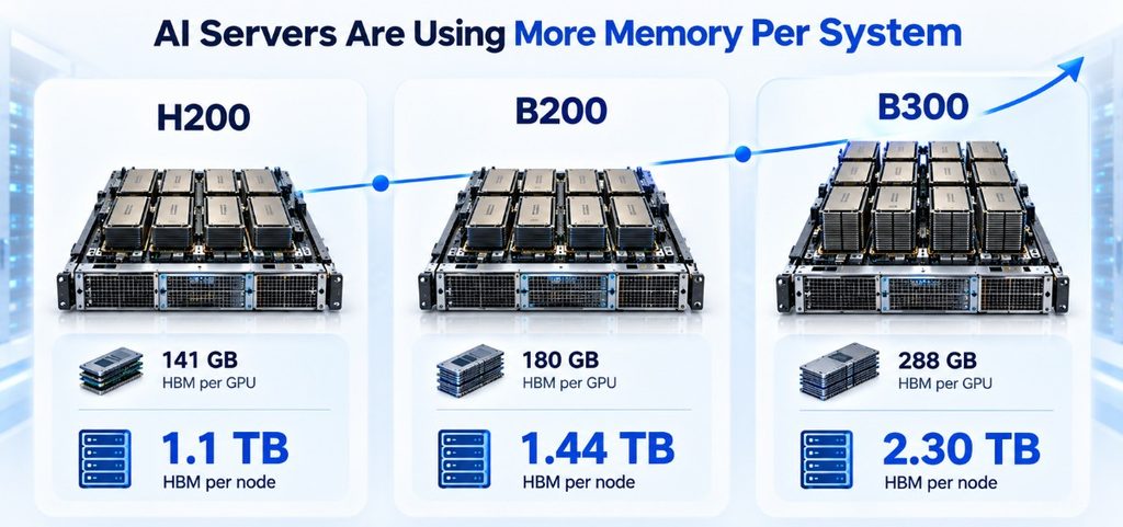 AI server memory comparison showing H200 with 141 GB HBM per GPU, B200 with 180 GB, and B300 with 288 GB, highlighting rising HBM capacity per system.