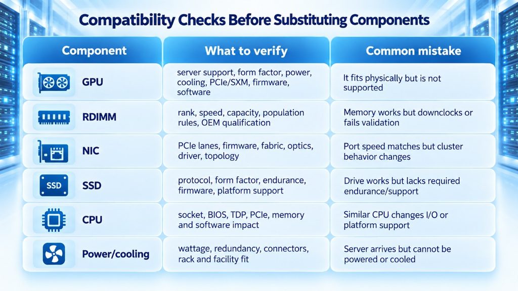 Infographic comparing compatibility checks and common substitution mistakes for key server components.