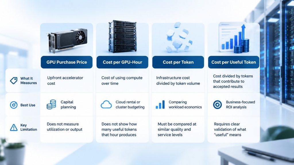Cost per Token vs. Cost per Compute or GPU-Hour comparison showing GPU purchase price, GPU-hour cost, cost per token, and cost per useful token for AI infrastructure ROI.