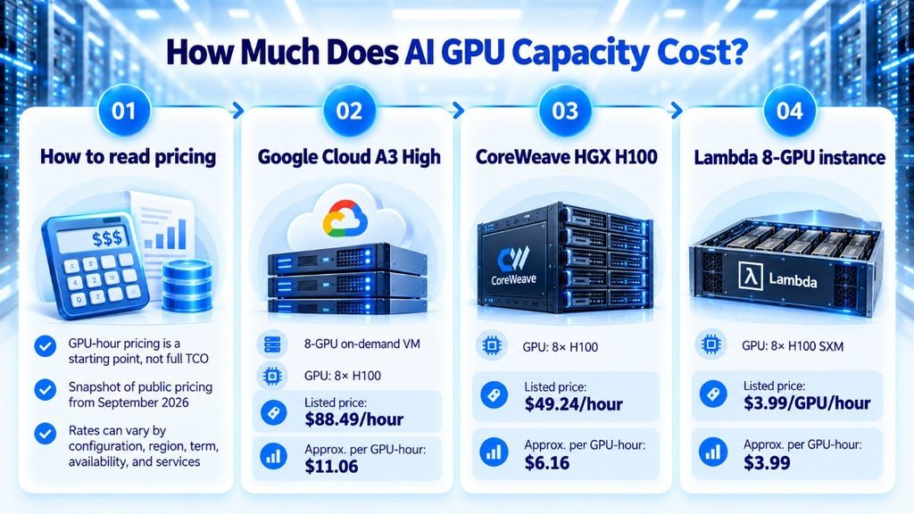 Infographic comparing AI GPU capacity costs across Google Cloud A3 High, CoreWeave HGX H100, and Lambda 8-GPU instances.