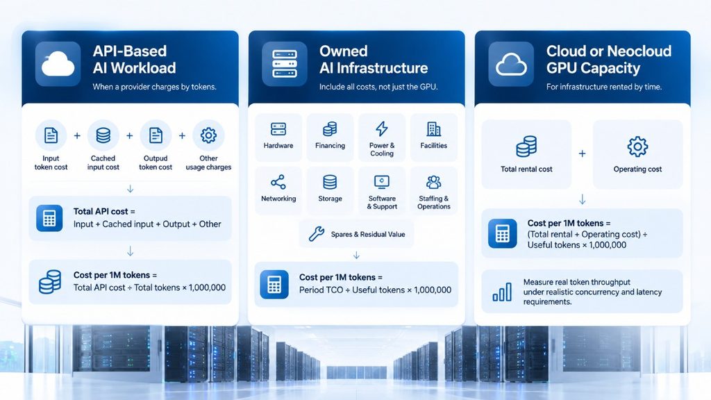 Cost per token calculation comparison for API-based AI workloads, owned AI infrastructure, and cloud or neocloud GPU capacity, including key cost components and formulas.